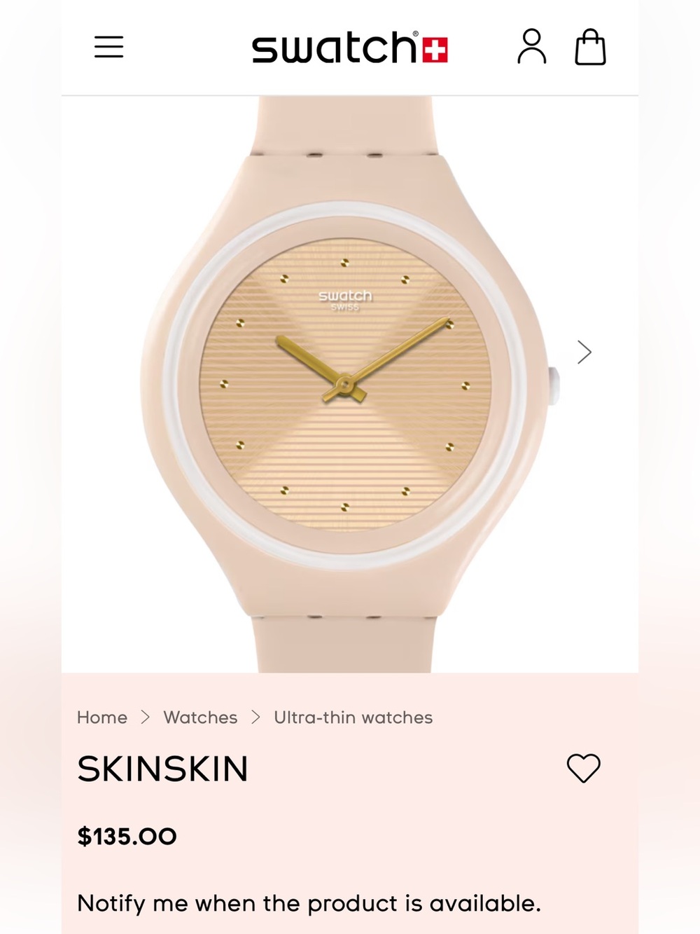 Swatch SKINSKIN watch (model SVUT100) ultra-thin pale pink strap w/gold accents